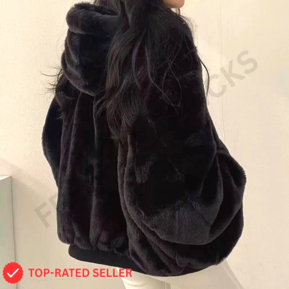 Reversible Sherpa Fleece Jacket Y2K Grunge Winter Coat Oversized Zip Hoodie - Picture 5 of 5